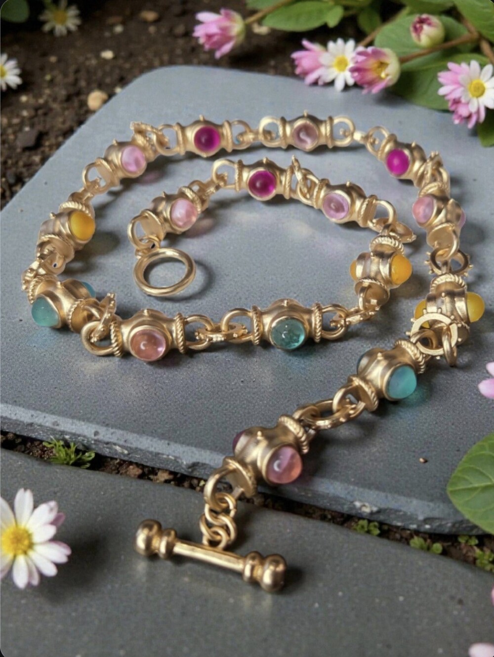 18k Matte Gold Byzantine Frosted Pastel Cabochon Toggle Necklace